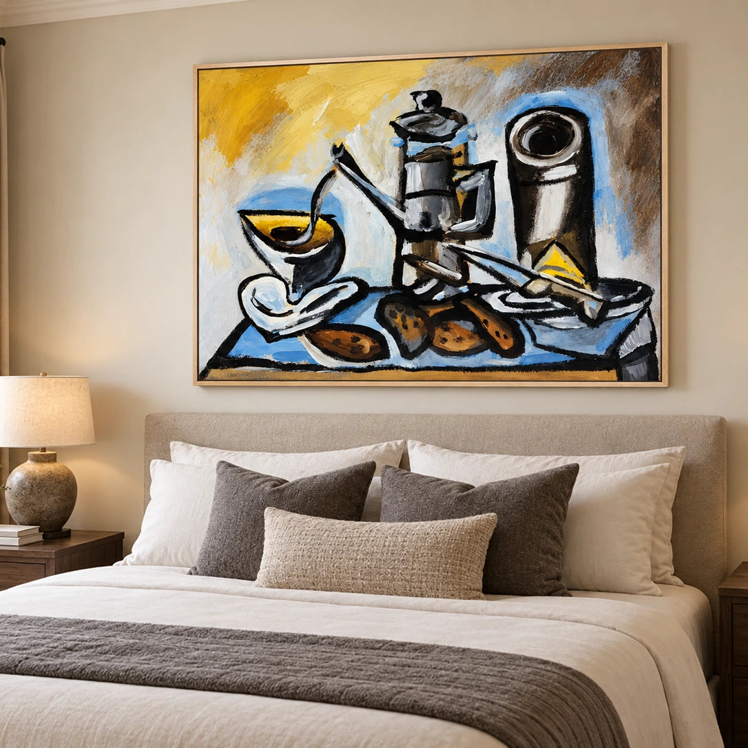 Coffee Angles artwork in a natural wood frame, displayed in a bedroom (interior view 4).