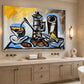 Coffee Angles artwork in a silver frame, displayed in a bathroom (interior view 5).