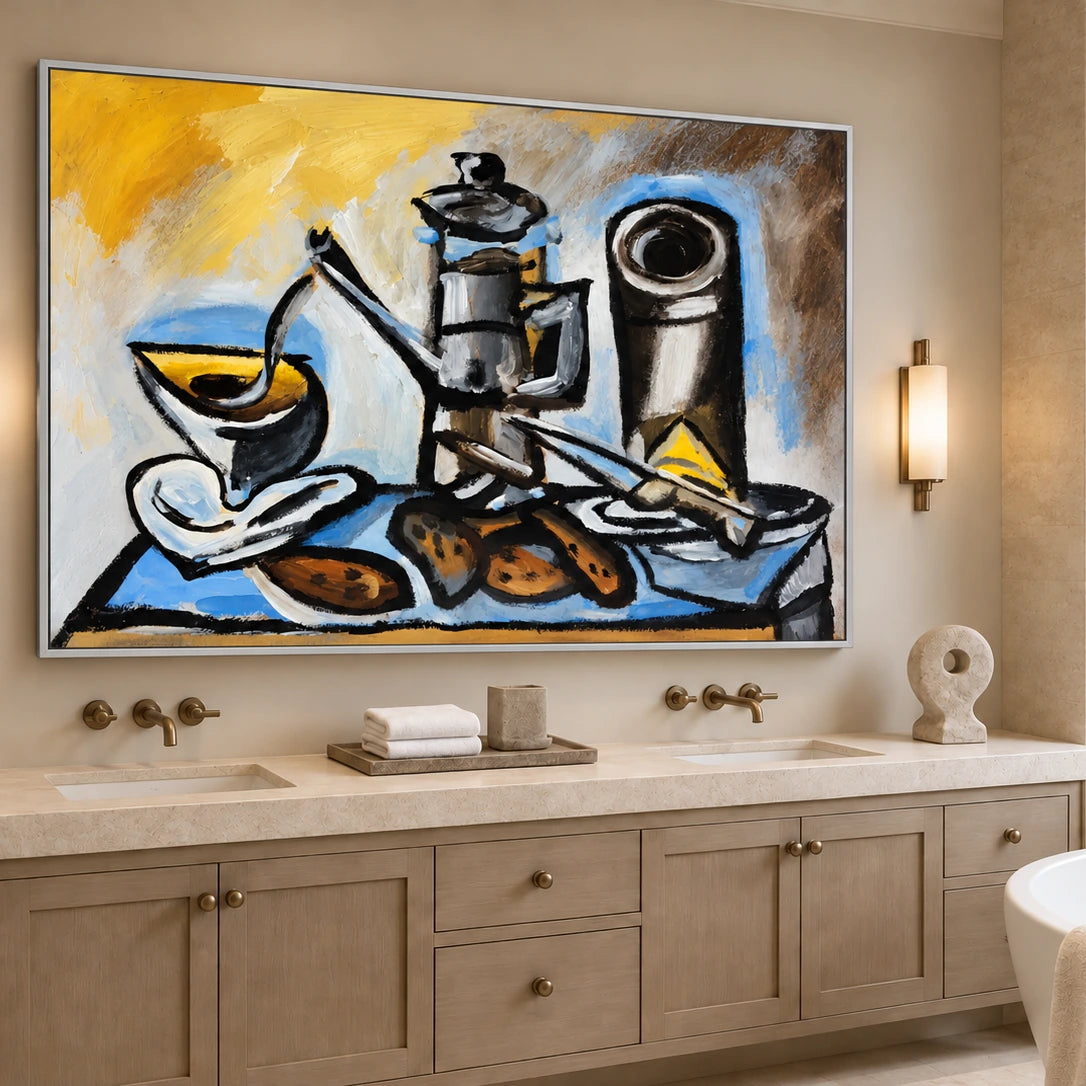 Coffee Angles artwork in a silver frame, displayed in a bathroom (interior view 5).