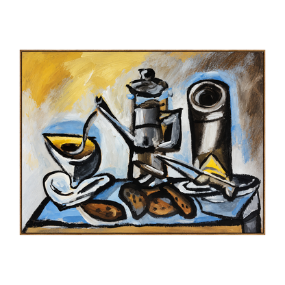 Coffee Angles horizontal artwork in a natural wood frame on a transparent background.