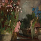 Dusky Blooms full artwork. Pink blossoms and deep blue flowers emerge from a shadowy arrangement of pots and loosely painted foliage.