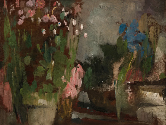 Dusky Blooms full artwork. Pink blossoms and deep blue flowers emerge from a shadowy arrangement of pots and loosely painted foliage.