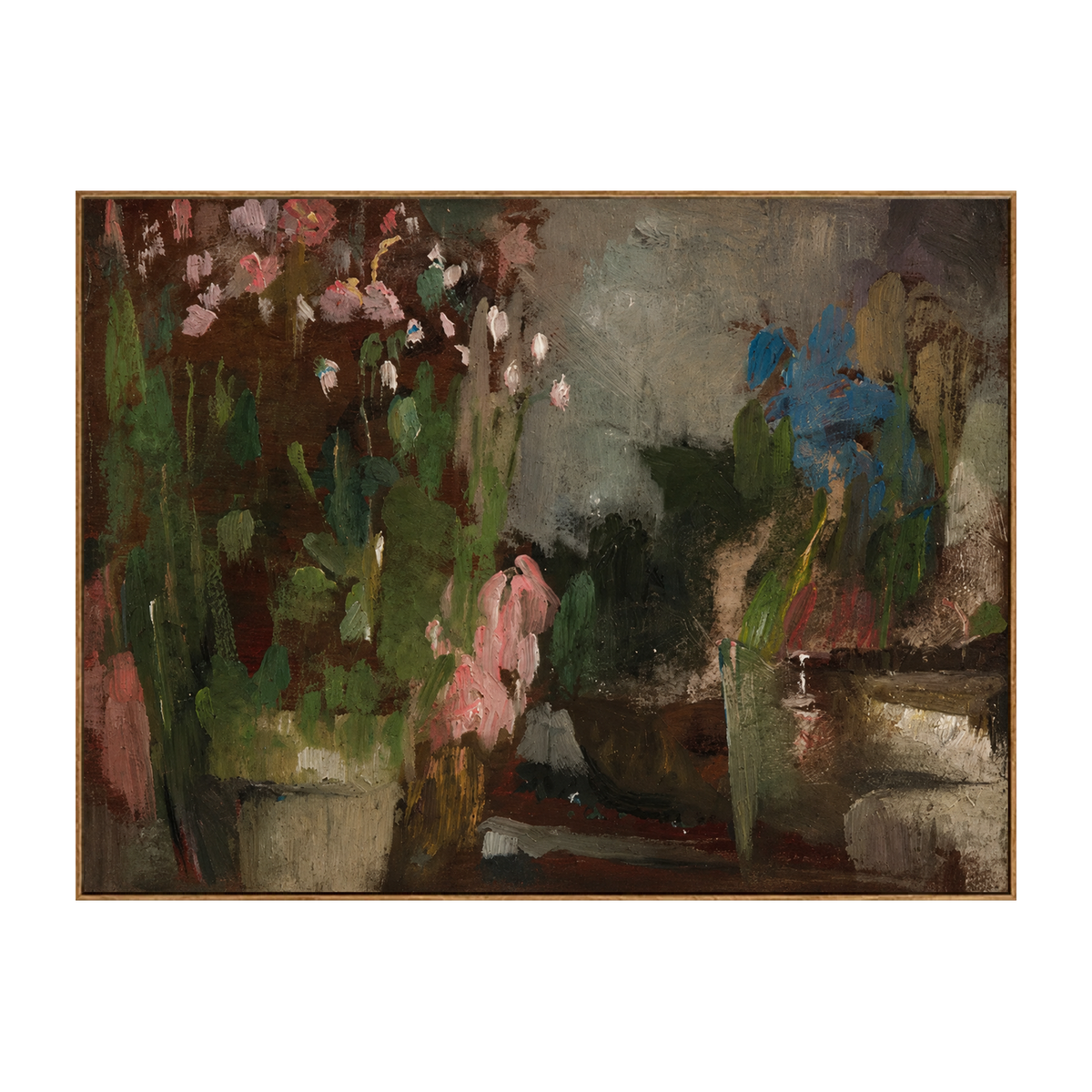 Dusky Blooms horizontal artwork in a natural wood frame on a transparent background.