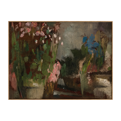 Dusky Blooms horizontal artwork in a natural wood frame on a transparent background.