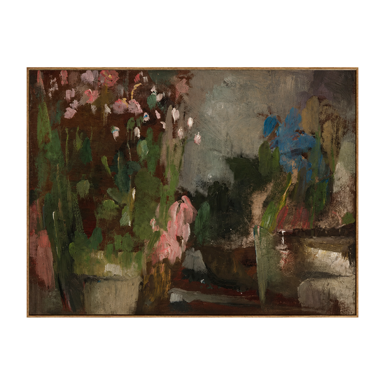 Dusky Blooms horizontal artwork in a natural wood frame on a transparent background.