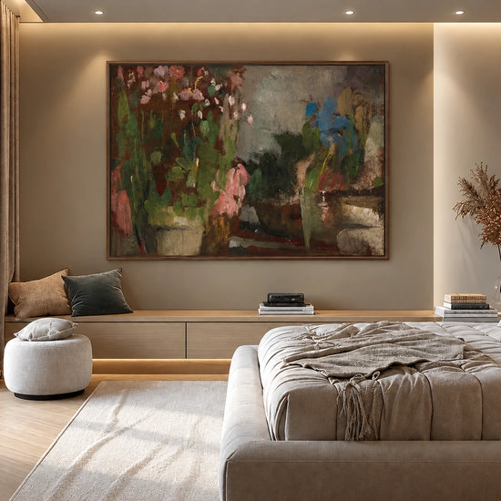 Dusky Blooms artwork in a brown wood frame, displayed in a bedroom (interior view 1).