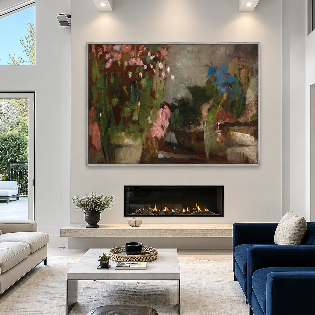 Dusky Blooms artwork in a silver frame, displayed in a living room with a fireplace (interior view 2).