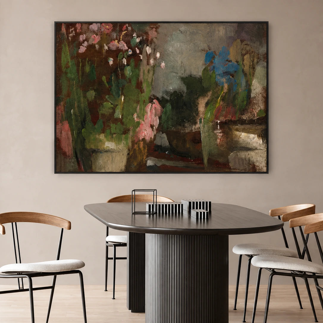 Dusky Blooms artwork in a black frame, displayed in a dining room (interior view 3).