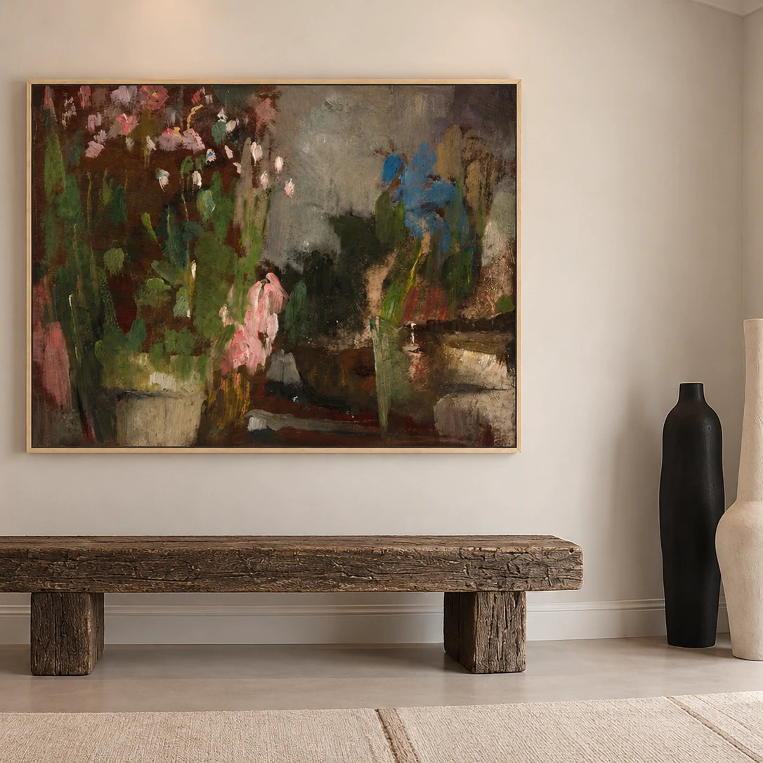 Dusky Blooms artwork in a natural wood frame, displayed in an entryway (interior view 4).