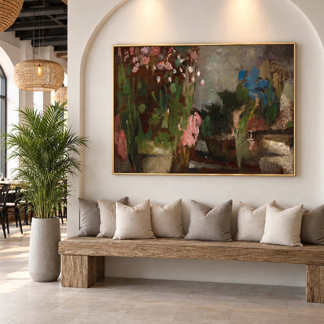 Dusky Blooms artwork in a gold frame, displayed in a lounge area (interior view 5).