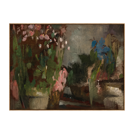 Dusky Blooms horizontal artwork in a natural wood frame on a transparent background.