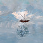 Quiet Voyage full artwork. A small dark boat drifts across pale blue water beneath a softly brushed sky.