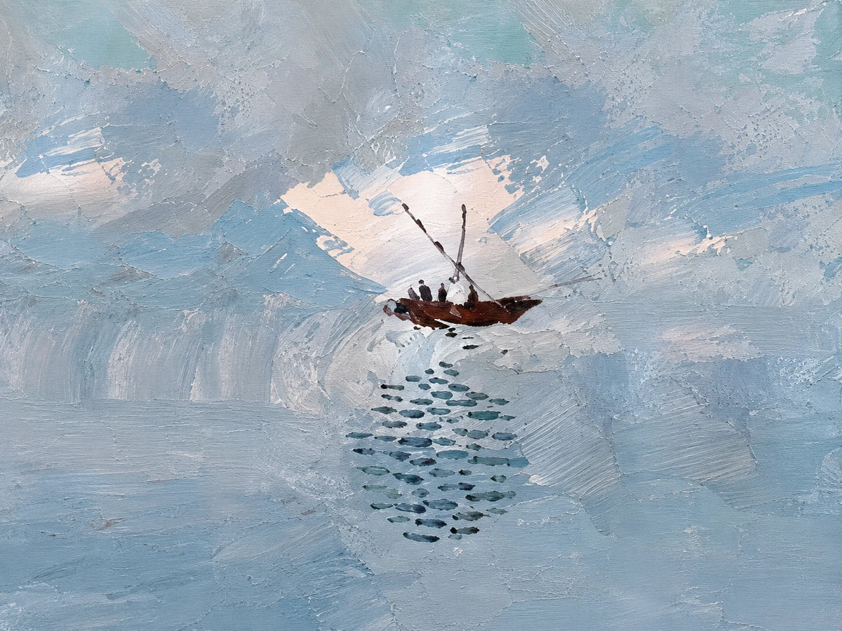 Quiet Voyage full artwork. A small dark boat drifts across pale blue water beneath a softly brushed sky.