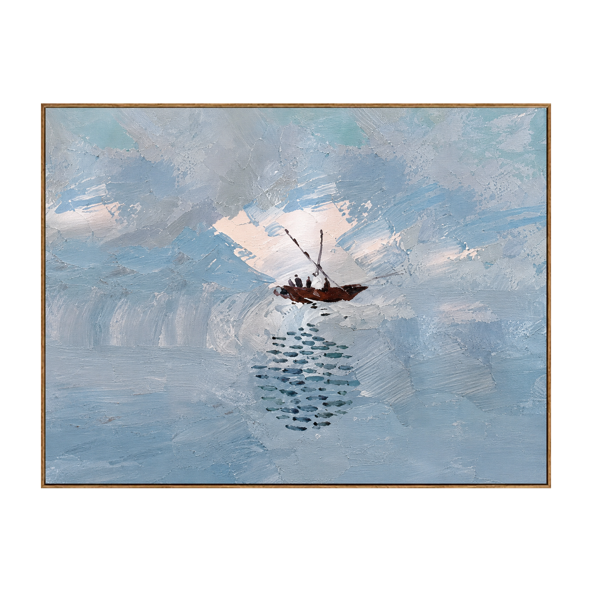 Quiet Voyage horizontal artwork in a natural wood frame on a transparent background.