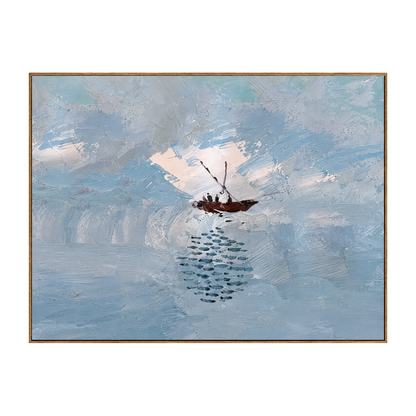 Quiet Voyage horizontal artwork in a natural wood frame on a transparent background.
