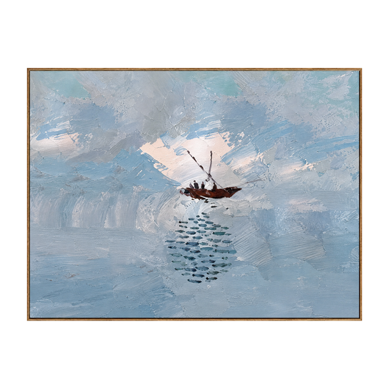 Quiet Voyage horizontal artwork in a natural wood frame on a transparent background.