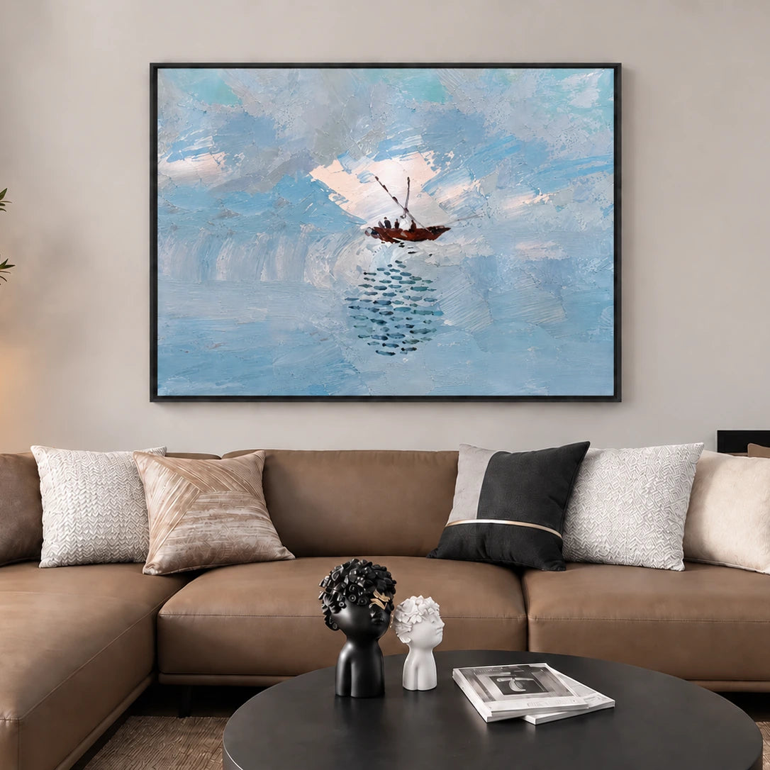 Quiet Voyage artwork in a black frame, displayed in a living room (interior view 1).