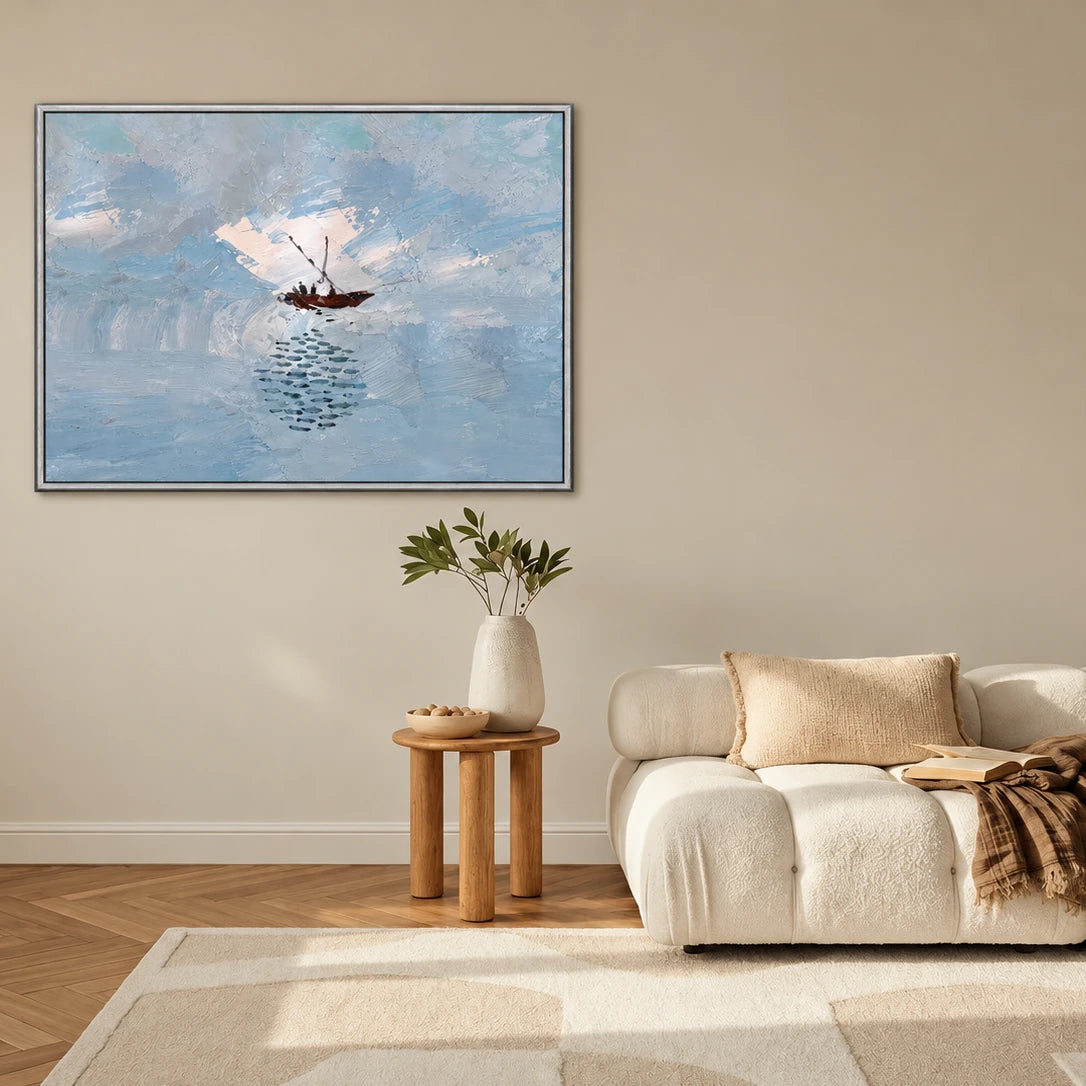 Quiet Voyage artwork in a silver frame, displayed in a living room (interior view 2).