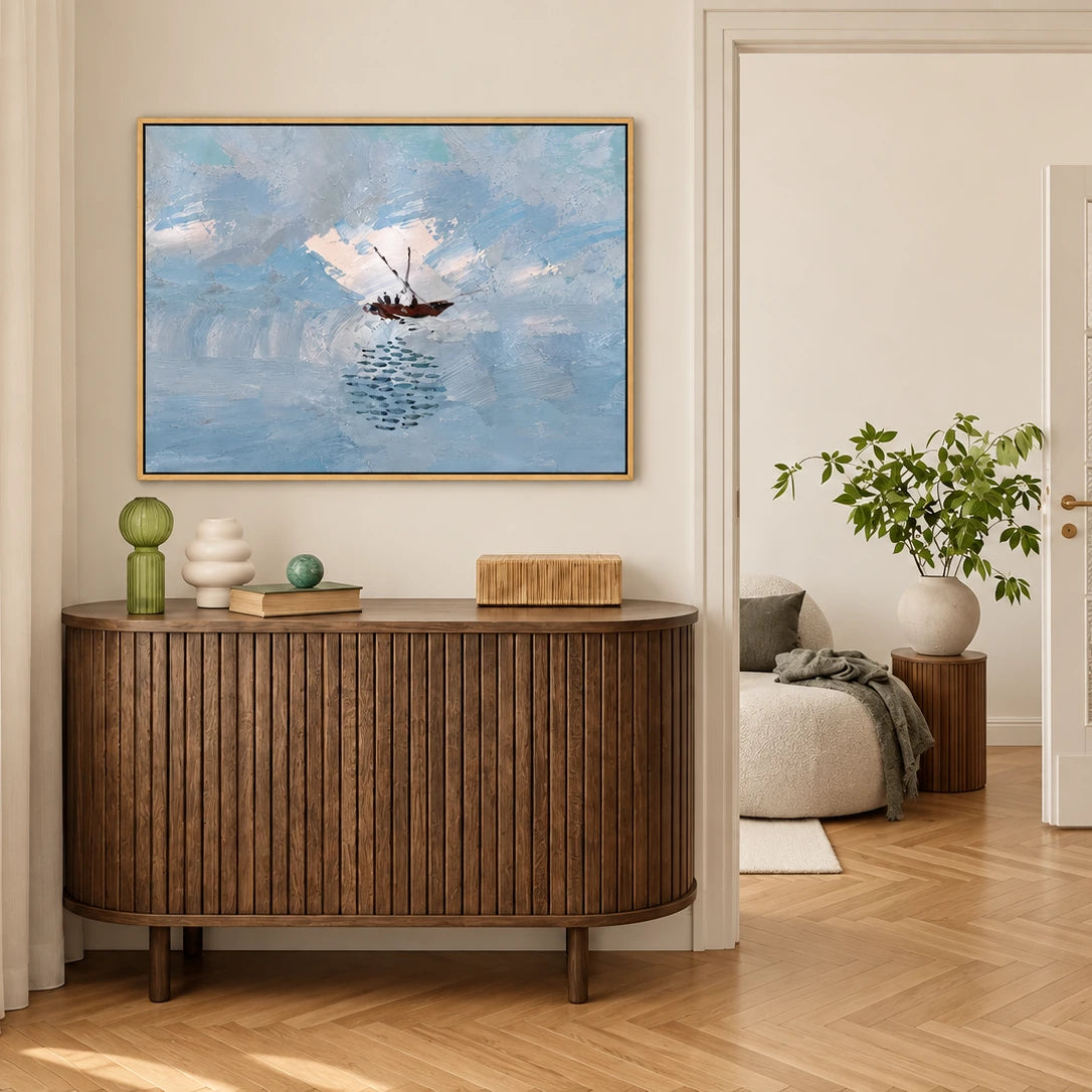 Quiet Voyage artwork in a natural wood frame, displayed in an entryway (interior view 3).