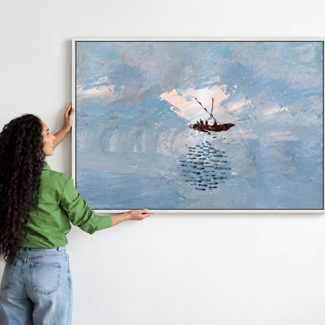 Quiet Voyage artwork in a white frame, displayed in an interior with a person for scale (interior view 4).