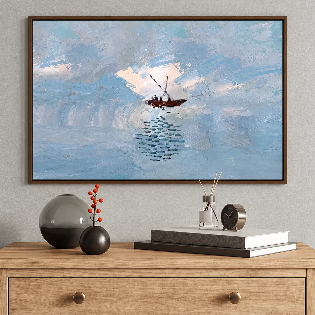 Quiet Voyage artwork in a brown wood frame, displayed above a chest of drawers (interior view 5).