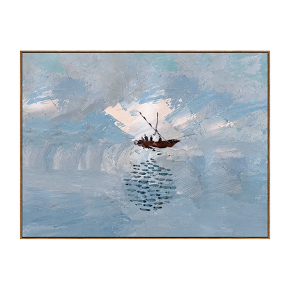 Quiet Voyage horizontal artwork in a natural wood frame on a transparent background.
