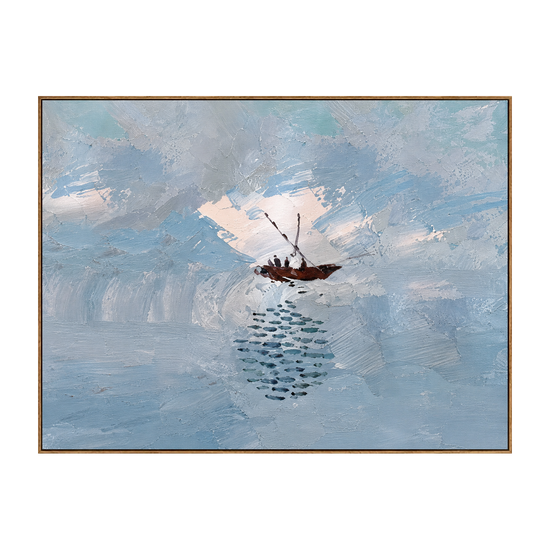 Quiet Voyage horizontal artwork in a natural wood frame on a transparent background.