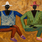 Ochre Companions full artwork. Two seated figures in wide-brimmed hats lean together against a textured ochre ground.