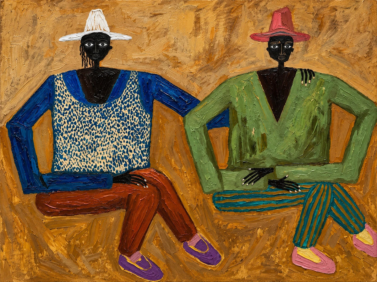 Ochre Companions full artwork. Two seated figures in wide-brimmed hats lean together against a textured ochre ground.
