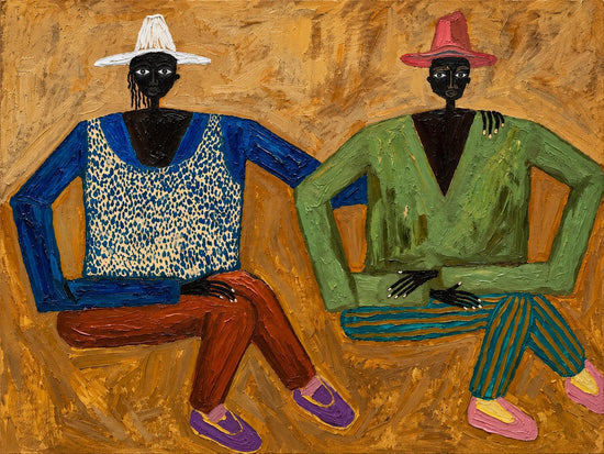 Ochre Companions full artwork. Two seated figures in wide-brimmed hats lean together against a textured ochre ground.