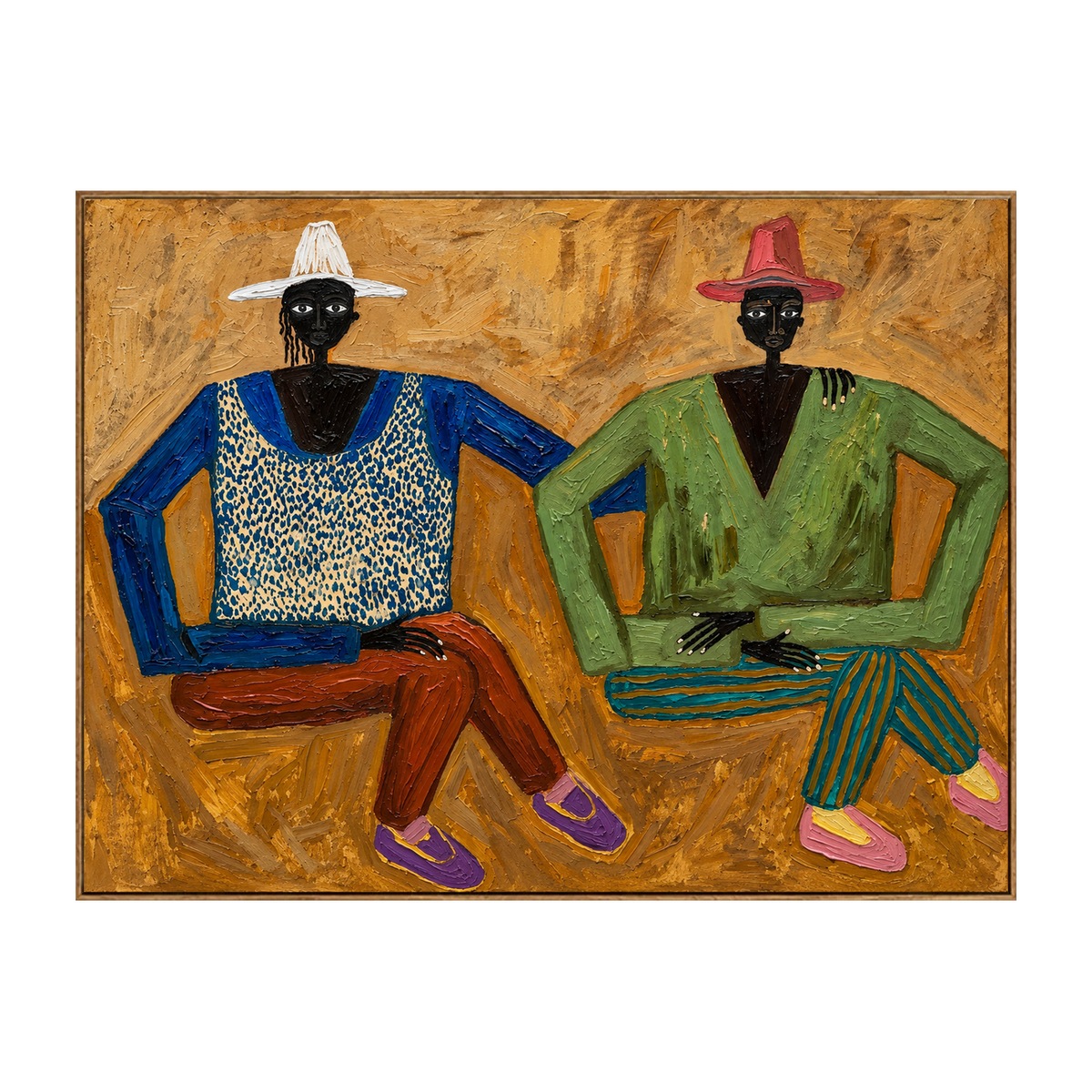 Ochre Companions horizontal artwork in a natural wood frame on a transparent background.