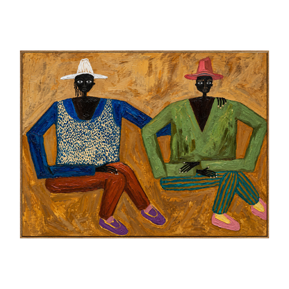 Ochre Companions horizontal artwork in a natural wood frame on a transparent background.