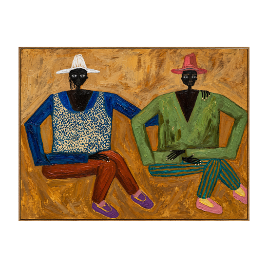 Ochre Companions horizontal artwork in a natural wood frame on a transparent background.