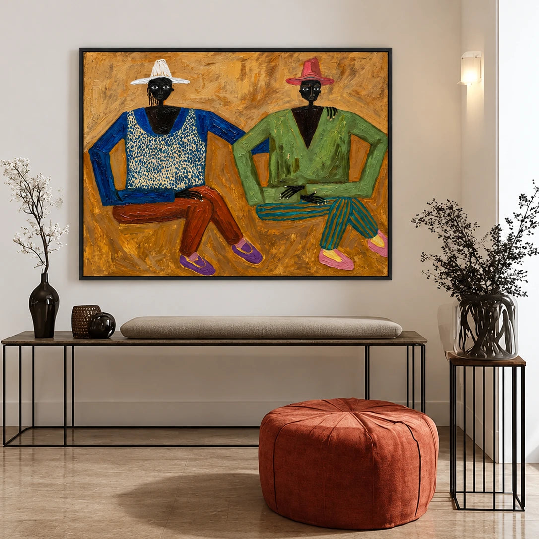 Ochre Companions artwork in a black frame, displayed in a furnished interior (interior view 3).