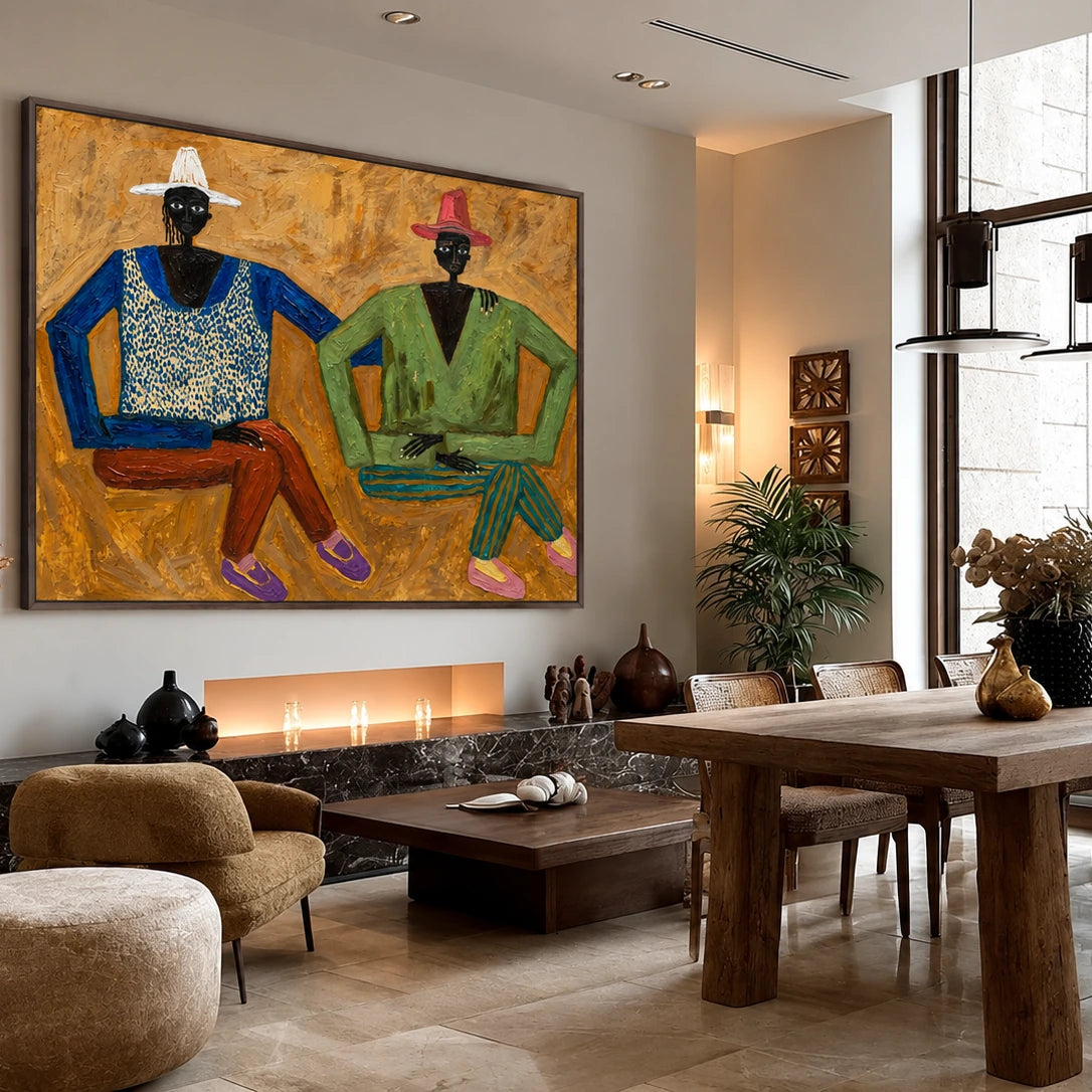 Ochre Companions artwork in a dark brown wood frame, displayed in a furnished interior (interior view 5).