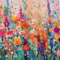 Bloom Tapestry full artwork. Dense clusters of pink, coral and violet flowers rise through green stems against a soft blush ground.