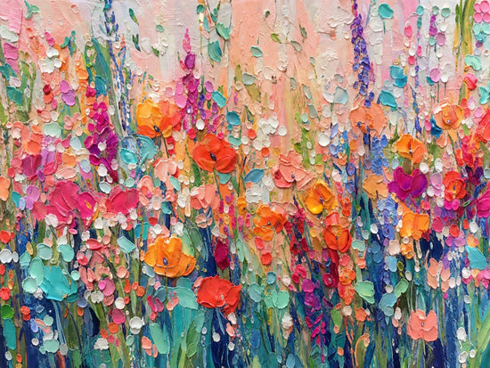 Bloom Tapestry full artwork. Dense clusters of pink, coral and violet flowers rise through green stems against a soft blush ground.