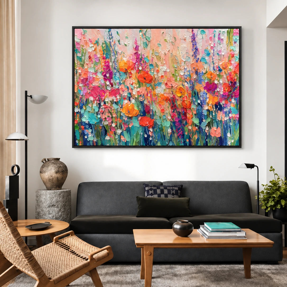 Bloom Tapestry artwork in a black frame, displayed in a furnished interior (interior view 1).