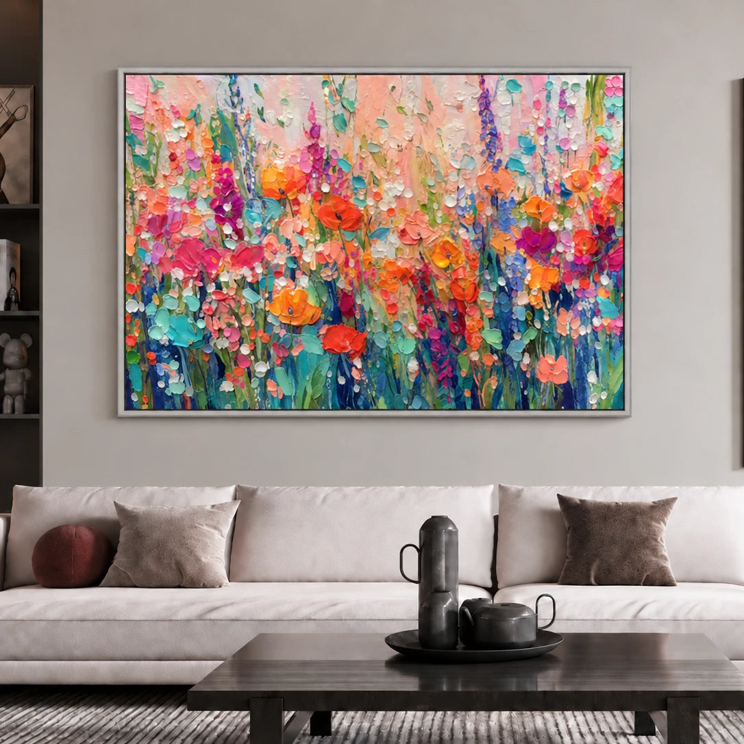 Bloom Tapestry artwork in a silver frame, displayed in a furnished interior (interior view 2).