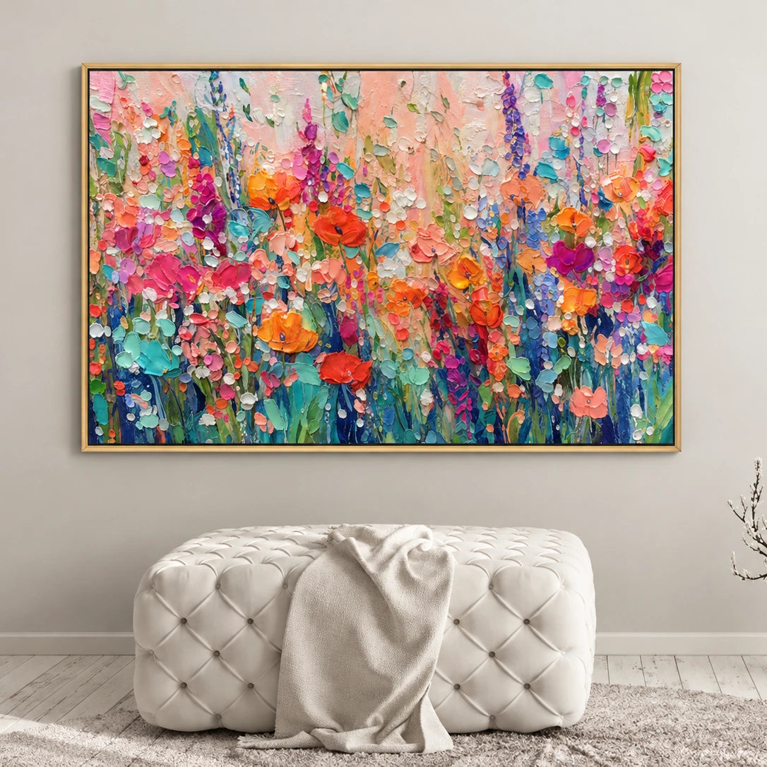 Bloom Tapestry artwork in a gold frame, displayed in a furnished interior (interior view 5).