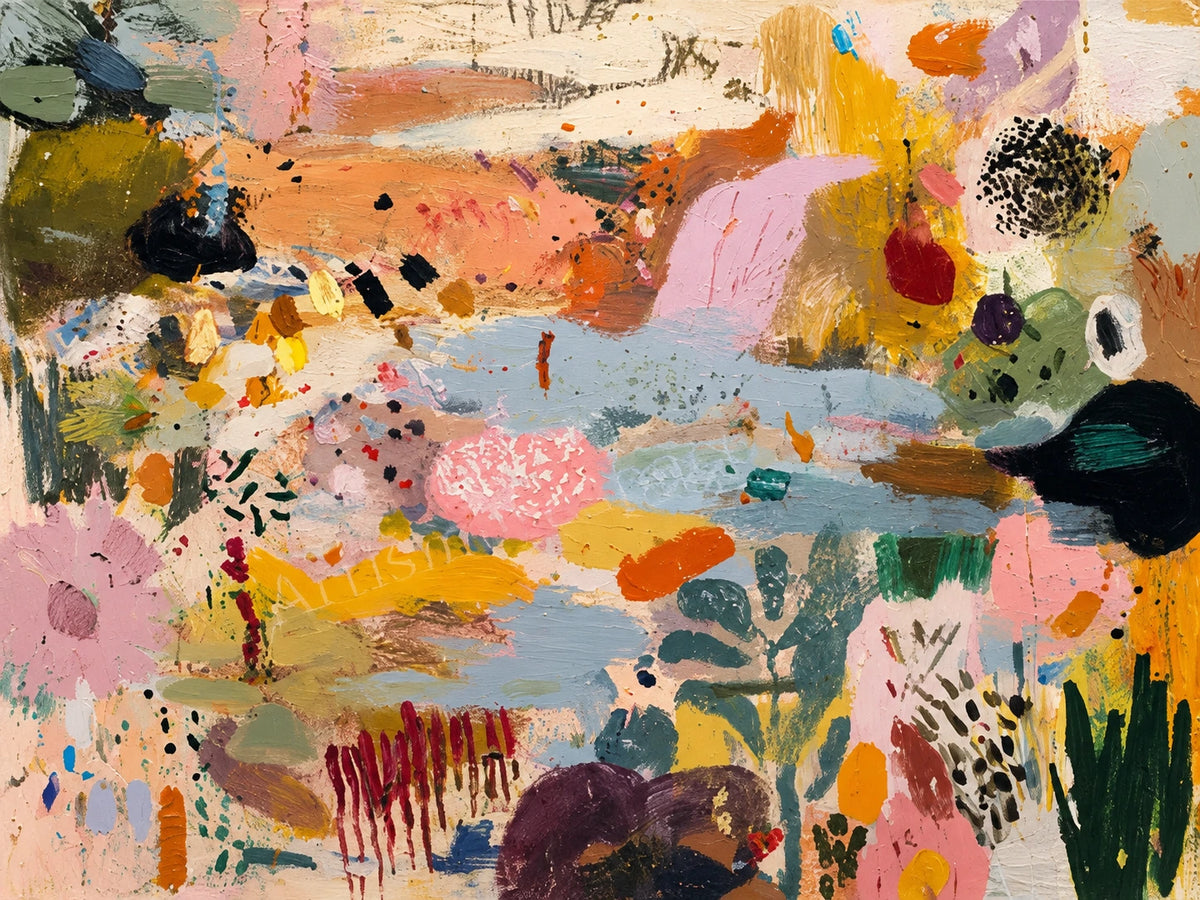 Pastel Mosaic full artwork. Broad patches of peach, pink and powder blue mingle with mustard accents and deep green shapes.