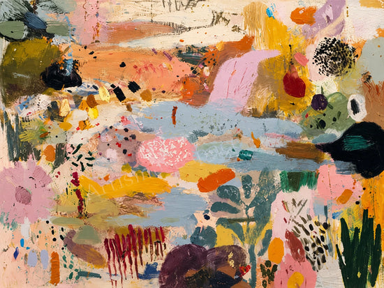 Pastel Mosaic full artwork. Broad patches of peach, pink and powder blue mingle with mustard accents and deep green shapes.