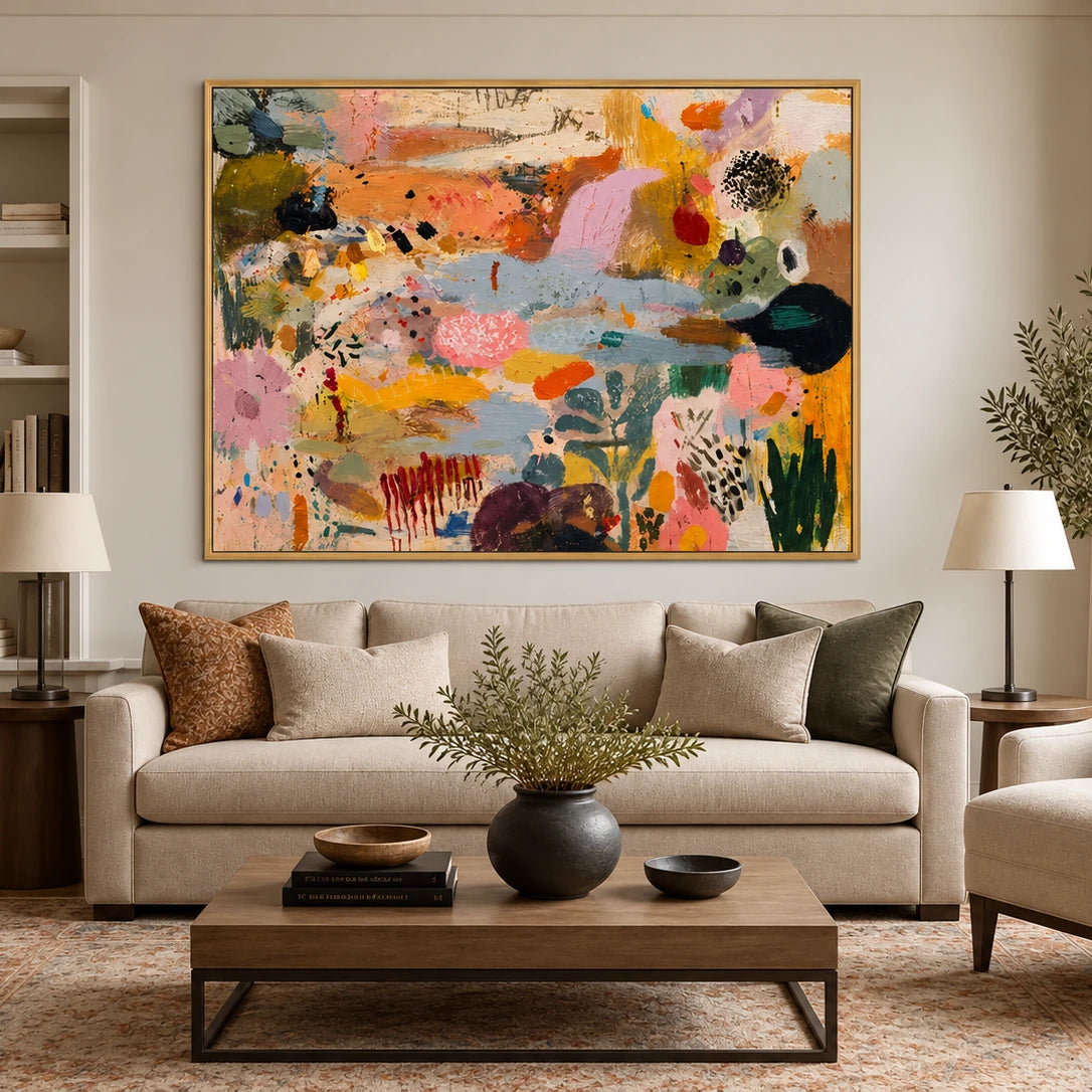 Pastel Mosaic artwork in a gold frame, displayed in a furnished interior (interior view 1).