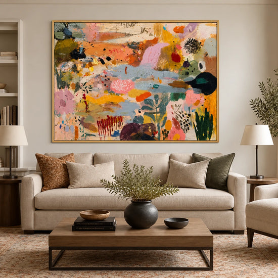 Pastel Mosaic artwork in a gold frame, displayed in a furnished interior (interior view 1).