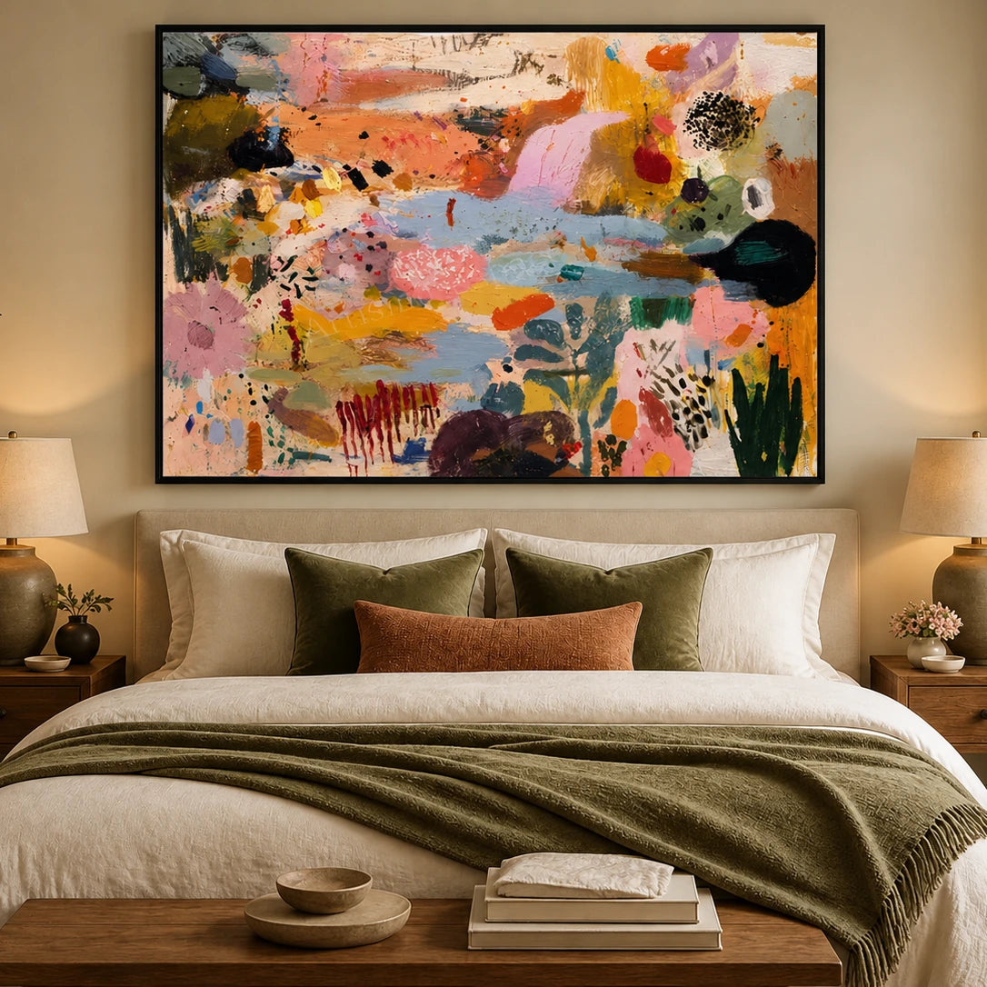 Pastel Mosaic artwork in a black frame, displayed in a furnished interior (interior view 2).
