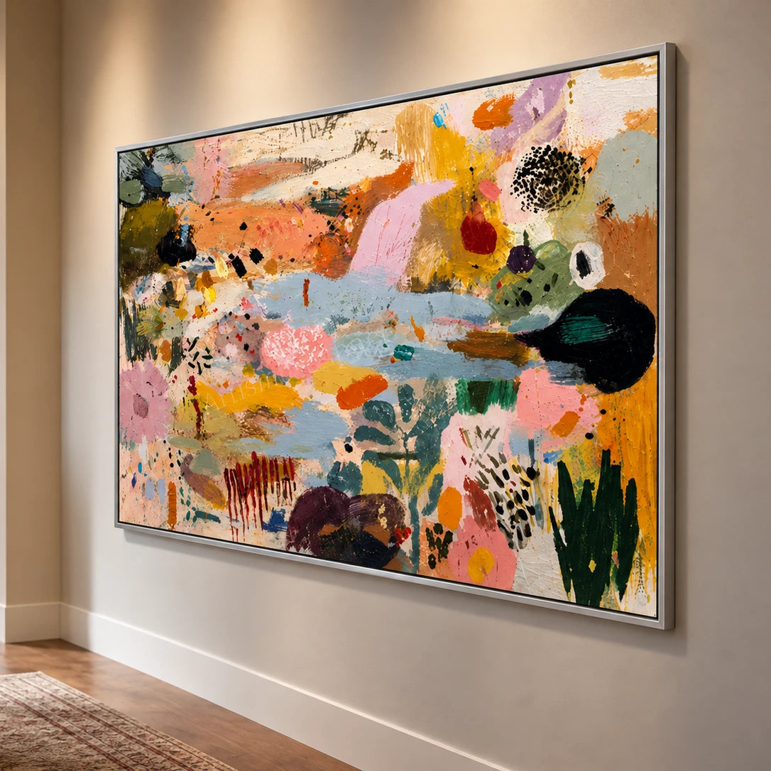 Pastel Mosaic artwork in a silver frame, displayed in a furnished interior (interior view 4).
