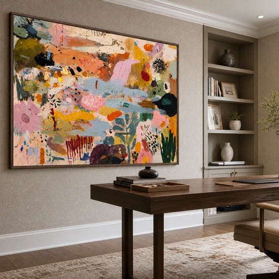 Pastel Mosaic artwork in a dark brown wood frame, displayed in a furnished interior (interior view 5).
