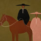 Prairie Pair full artwork. A dark-clad rider on a chestnut horse pauses beside a standing figure in a dusty pink dress.