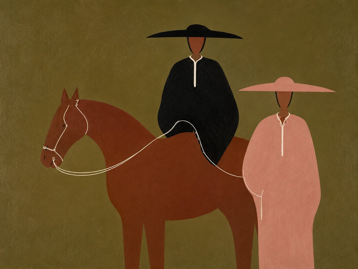 Prairie Pair full artwork. A dark-clad rider on a chestnut horse pauses beside a standing figure in a dusty pink dress.