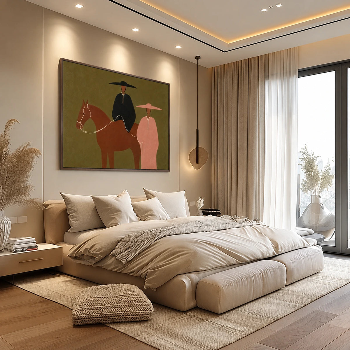 Prairie Pair artwork in a dark brown wood frame, displayed in a furnished interior (interior view 1).